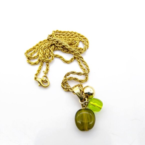 Vintage Green and Gold Charms Necklace, Long Gold Tone Rope Chain with Plastic a - Picture 3 of 3